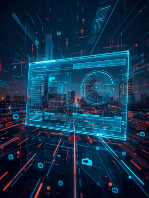 A holographic dashboard representing digital transformation in ARIIA Consultech